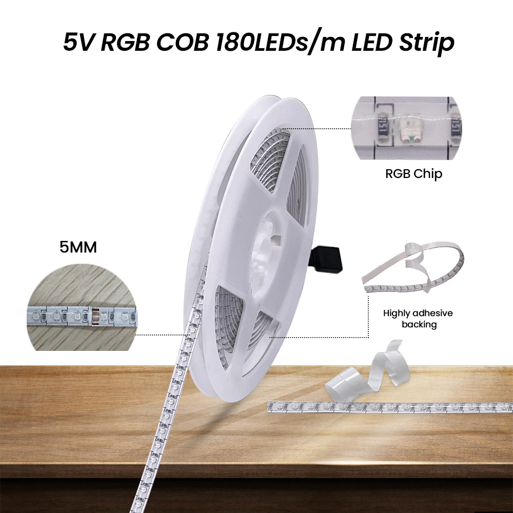 Фото Светодиодная лента COB RGB 5В, 5 мм, 180 светодиодов/м, с Bluetooth-управлением через приложение, 44-клавишным пультом ДУ, USB-контроллером, комплект 0.5/1/2/3/4/5 м с 4-контактными ленточными кабелями №5