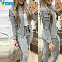 yiciya autumn 2022 womens jogging sportswear suit two piece set women grey top and pants leisure zipper plaid suit for women