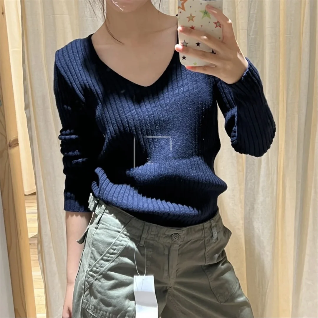 BM Темно-синий вязаный топ с v-образным вырезом в полоску и длинными рукавами