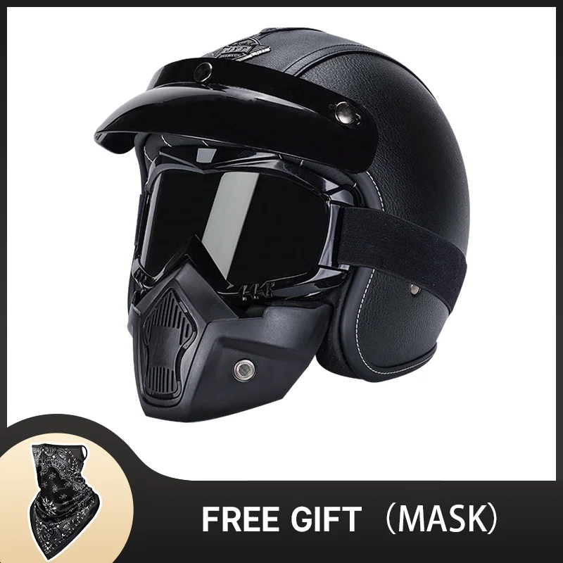 Мотоциклетный шлем из ПУ кожи с открытым лицом в винтажном стиле матовой черной