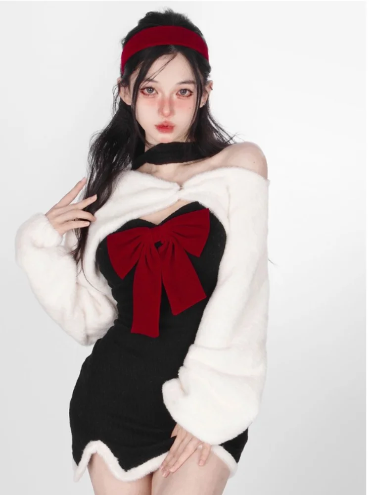 

Harajuku Sweet Festival Outfit Women Clothing 2023 Japanese Y2k Aesthetic Two Piece Sets Bow Patchwork Dress Knitted Cardigan
