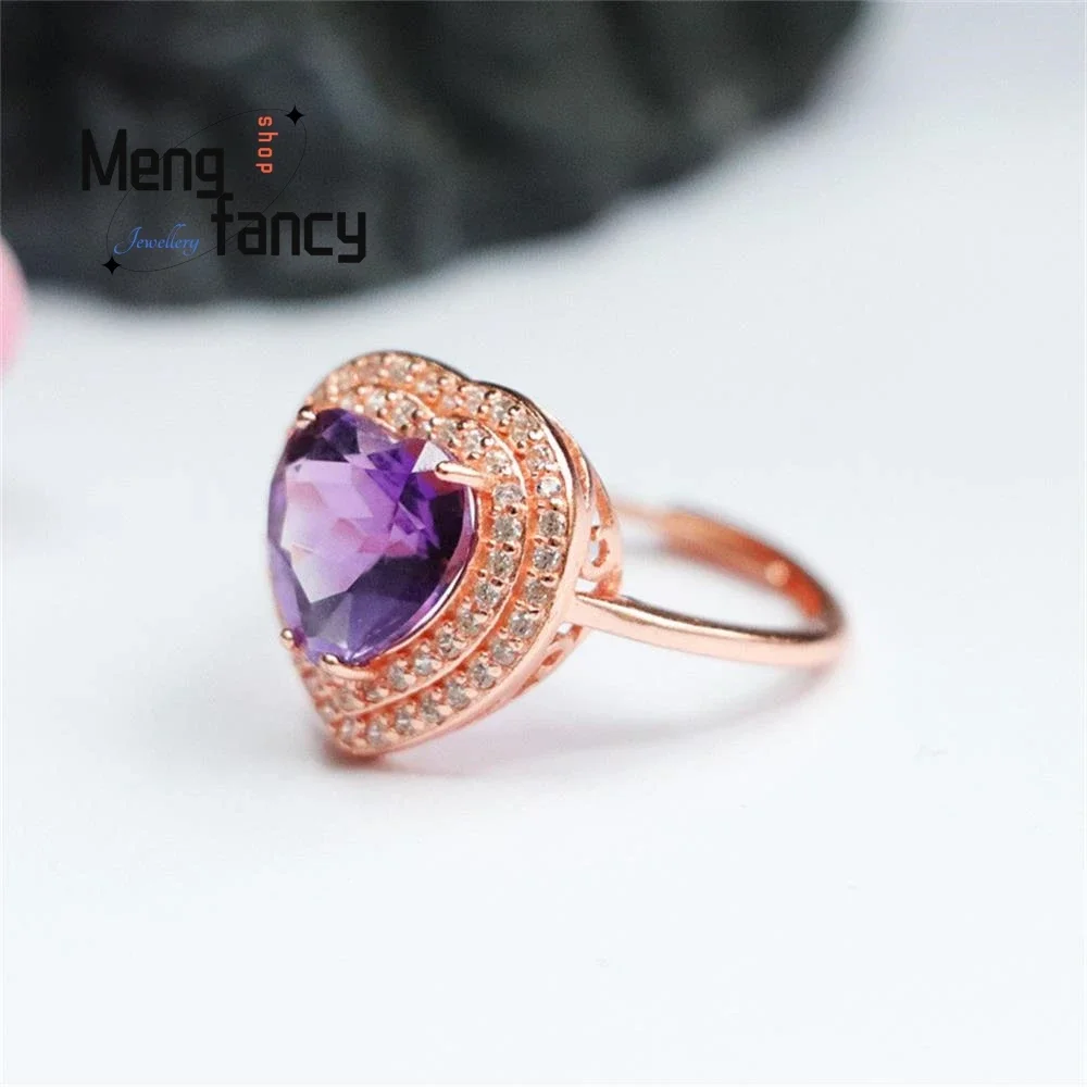 S925 Серебряное кольцо с натуральным аметистом Love Cordate Открытое Изысканное