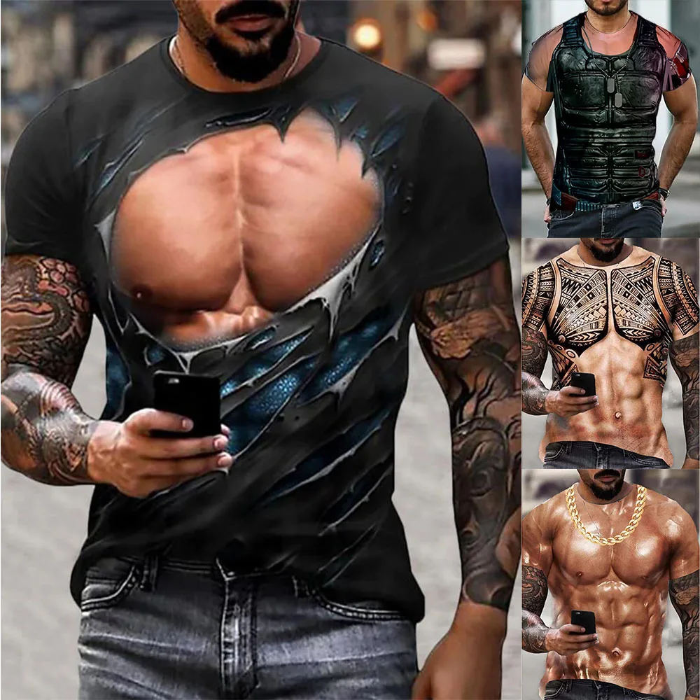 

Men's 3D T-Shirt Bodybuilding Simulated Muscle Tattoo T-Shirt Casual Nude Skin Chest Muscle Tee Shirt Short-Sleeve Clothes Tops