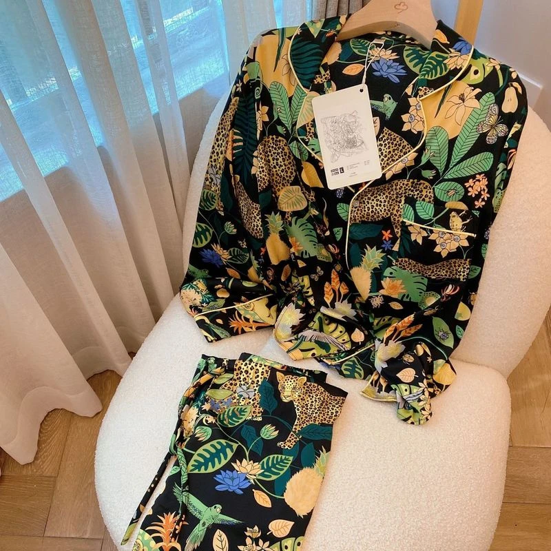 QWEEK Art Printing Pajamas for Women Silk Satin Leopard Long Sleeve Pants Temperament Homewear Sleepwear Green Trouser Suits