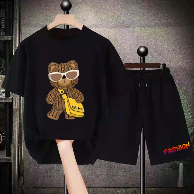 2023 Men Fashion Solid Color T-shirt Set Money Bear Rabbit Print Short Sleeve Sportswear Street Wear Summer Unisexual Shorts Set
