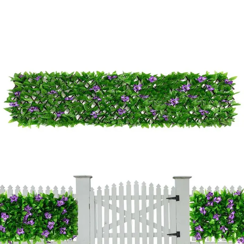 

Expandable Fence Artificial Hedge Fence With Violet Flowers Realistic Decorative Faux Ivy Privacy Screen For Balcony Backyard
