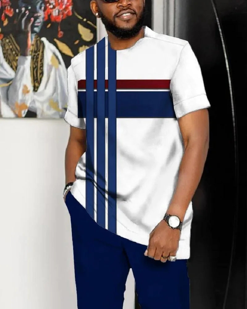 Summer Trousers Men Set Tracksuit Blue Striped Short Sleeve T Shirt Long Pants 2 Piece Fashion Sport Suit Casual Streetwear