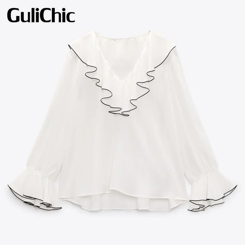 

3.16 GuliChic Women Fashion V-Neck Ruffles Decorate White Simple Temperament Shirts Top