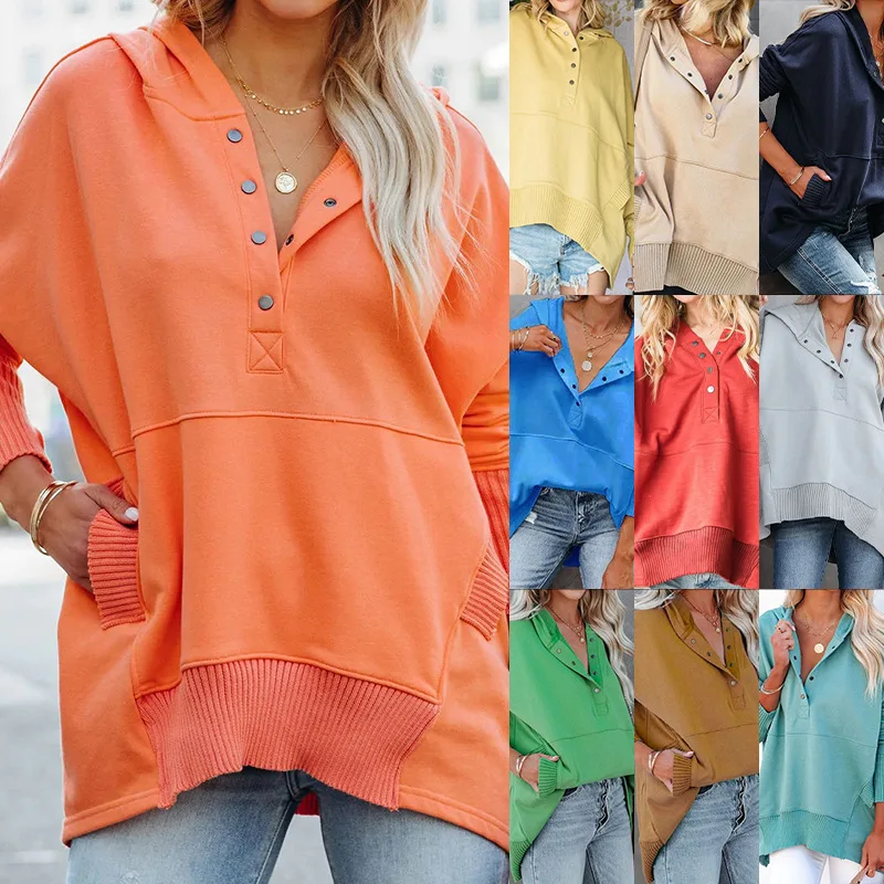 

2023 Women's Simple Personality Casual V-Neck Loose Pocket Fashion Long Sleeve Top