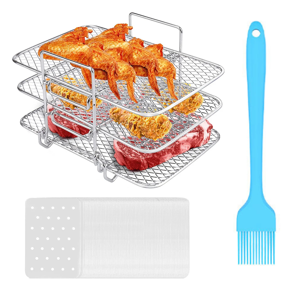 

3 Layered Air Fryer Rack with 50 Liners Sheets Stainless Steel Air Fryer Grill Rack with Silicone Mat Air Fryer Dehydrator