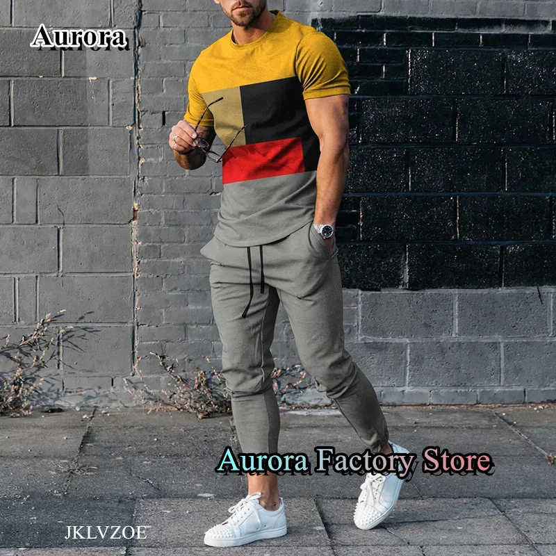 Summer Men Solid Color Tracksuit 2 Pieces T-Shirt Trousers Set Casual Jogging Suit Fashion Outfit Male Oversized Streetwear