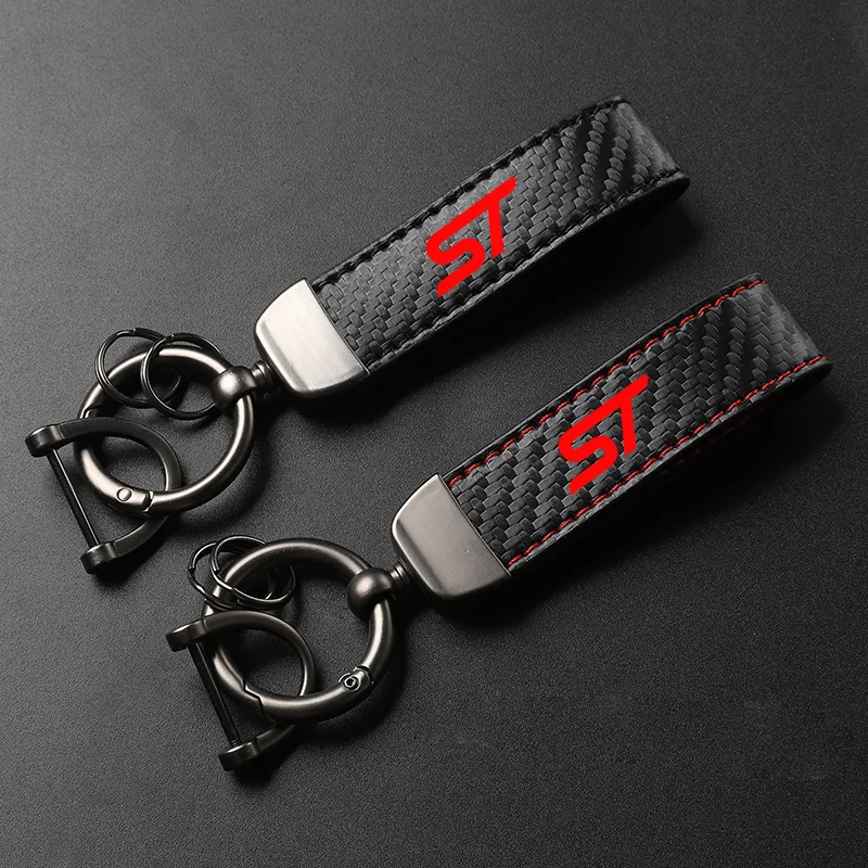 

Car Carbon Fiber Leather Keychain Horseshoe Buckle Jewelry for Ford Focus ST Mondeo Fiesta Kuga Escape Explorer Fusion Edge