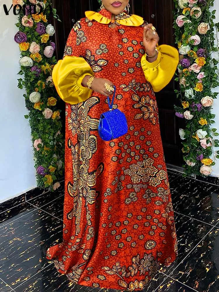 

Women Dress Bohemian Floral Printed Maxi Dress 2023 VONDA Vintage Long Lantern Sleeve Party Vestidos Casual Stand Collar Robe