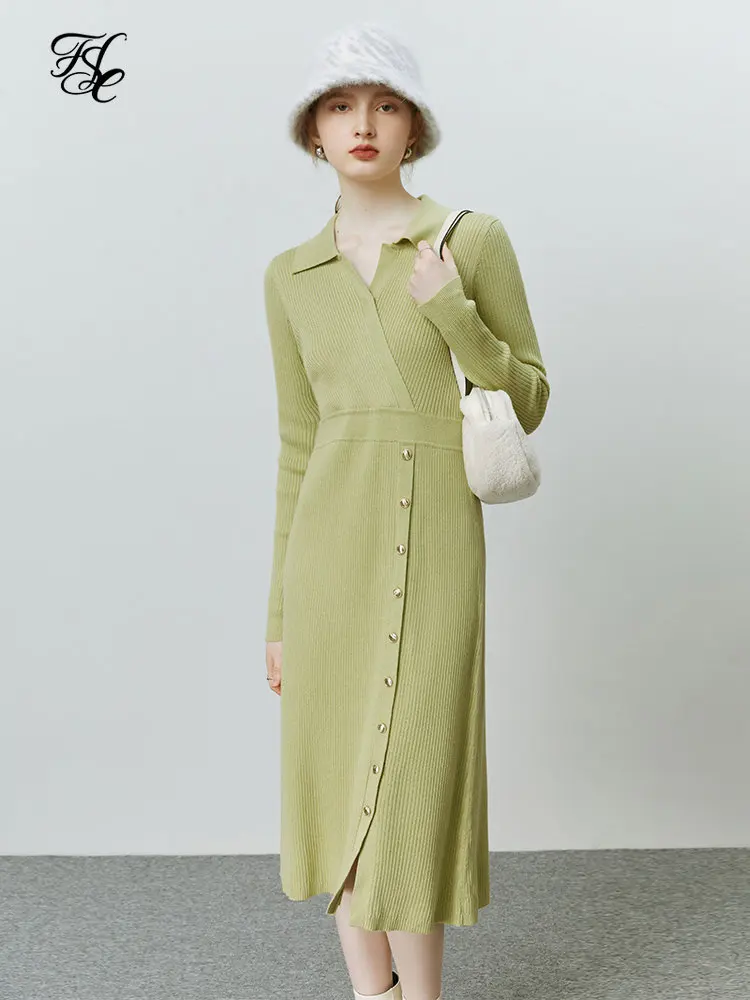 FSLE 5.3% Wool Women Solid Mid-Length Knitting Dress French Slim Beige Inner Knit Dress 2022 Winter New Turn-Down Collar Skirts