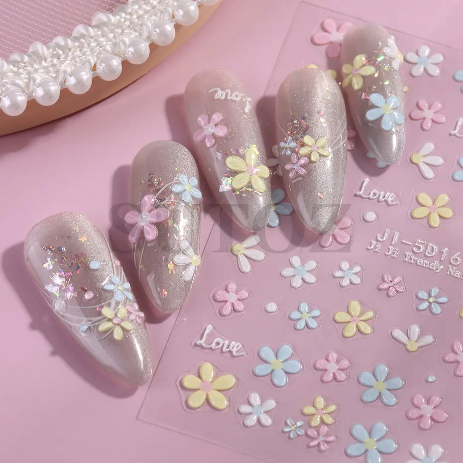 5D милые красочные цветы наклейки для дизайна ногтей тисненый цветок лето весна