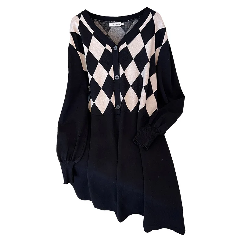 

100/150/175kg Big Size Women Clothing Oversized Women Knitted Dress Bust 150/160cm Winter Warm Casual Loose V-neck Sweater Dress