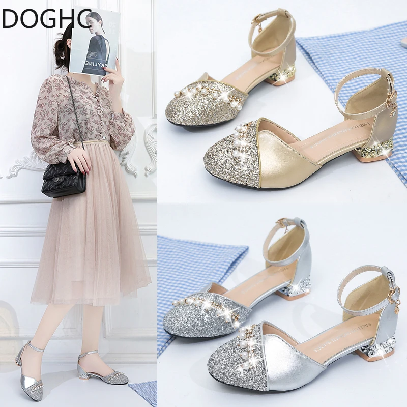 

High Heel Shoes Girls Leather Shoes Crystal Casual Pink Glitter Children 2022 Girls Shoes Bling Size Fashion Shoes Bling