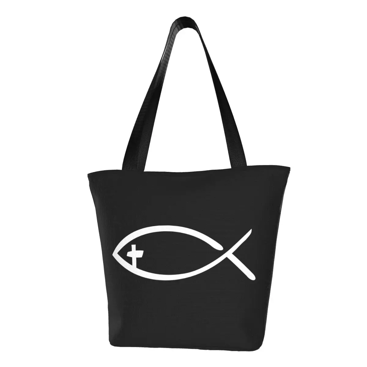 

Переработанная сумка для покупок с изображением Иисуса и рыбы, Женская Холщовая Сумка-тоут через плечо, моющиеся христианские сумки для покупок для продуктов