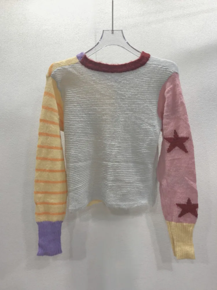 [ZOCI] Осенний новый стильный вязаный кардиган с контрастной вышивкой и мультяшным