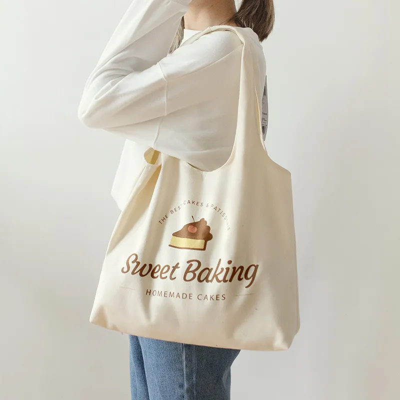 

Fashion Beige Canvas Shoulder Shopper Bag Large Capacity Foldable Eco Tote Supermarket Shopping Cloth Bags Handbag for Women