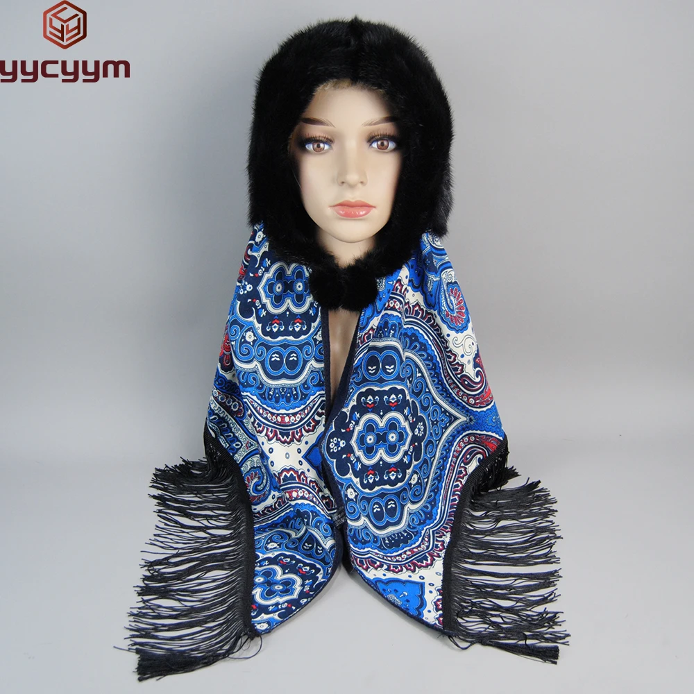 Natural Real Mink Fur Bomber Hat Scarf Elegant Warm Winter Hats For Women Classical Russian Style Quality Fur Female Beanies Hat