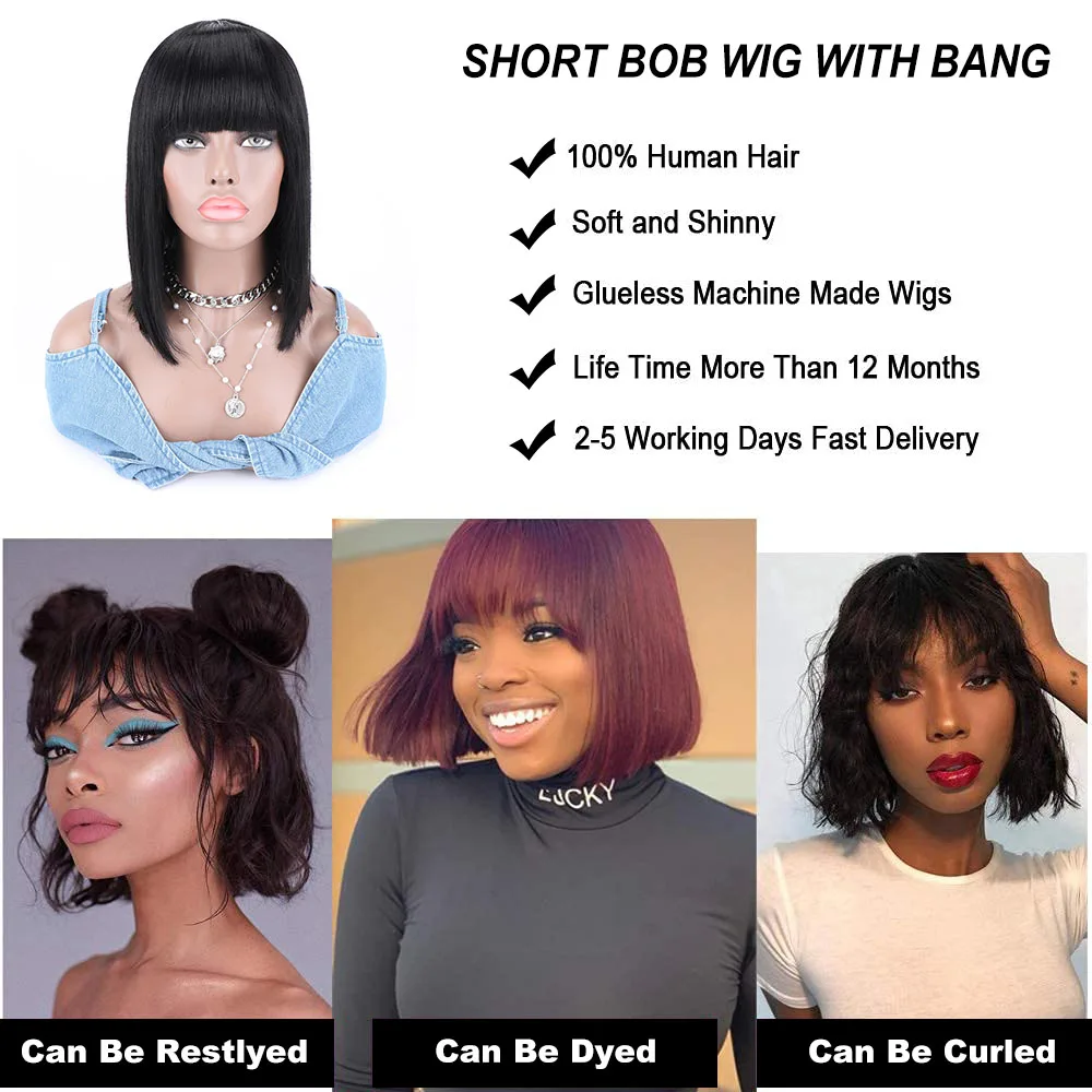 Bliss Bob with Bangs Human Hair Wig Straight Brazilian Remy Bob Hair Wigs Full Machine Made Cheap Human Hair Wigs for Women