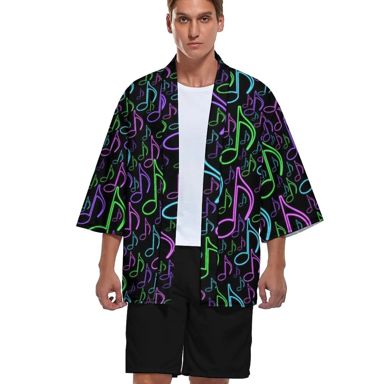 

Кимоно для мужчин и женщин, Классическая пляжная рубашка с цветным принтом восьмых заметок, открытая передняя часть, разные цвета