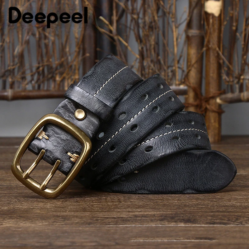 1Pc Deepeel 3.8*105-125cm Double Needle Buckle Belt Men's Genuine Leather Pure Cowhide Belts Luxury Thick Retro Jeans Waistband