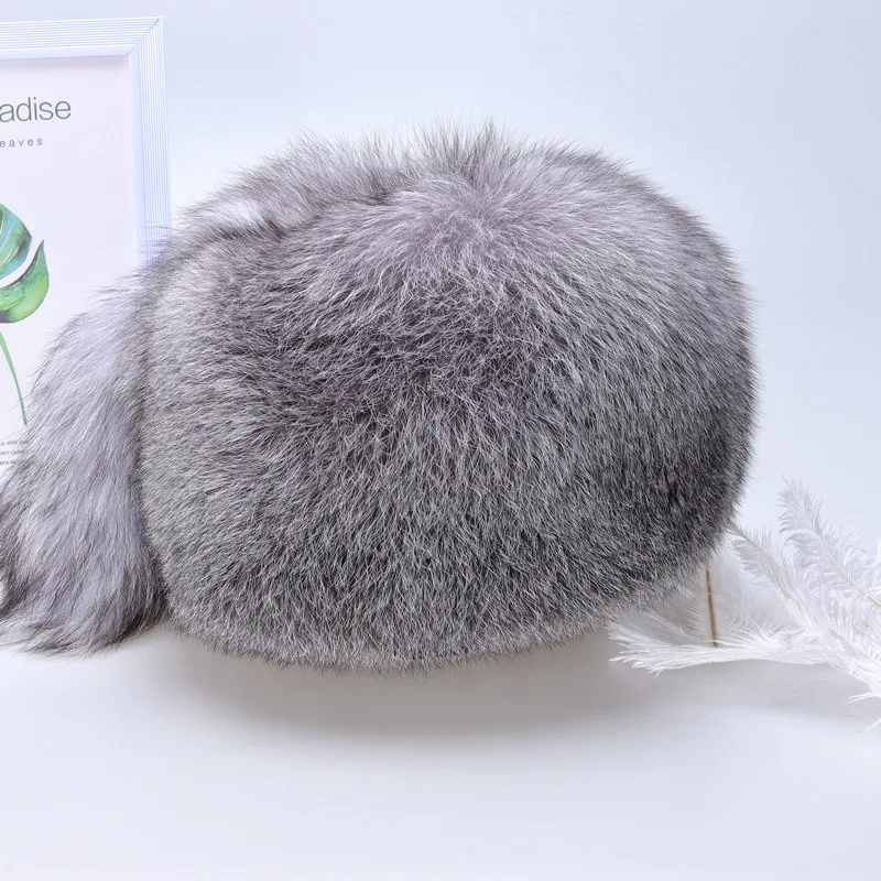 Теплая женская зимняя пушистая Толстая шапка с хвостом из натурального Меха