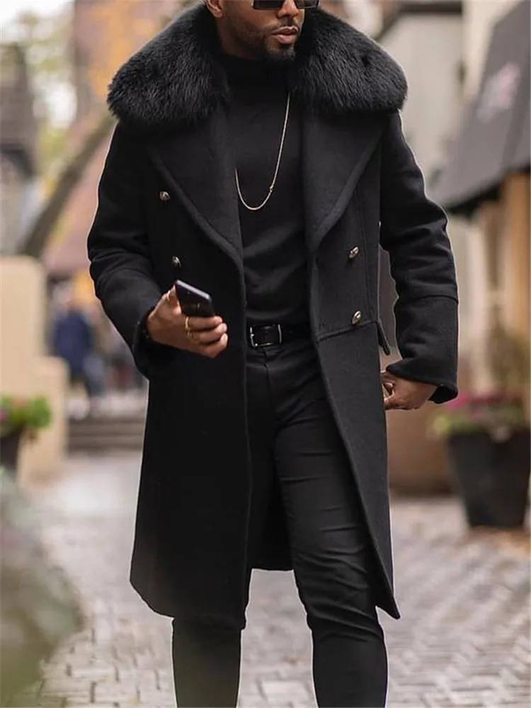 

2022 Man Autumn Winter Long Coat Faux Fur Collar Casual Business Streetwear Wool Blend Trench Coats Men Outwear Long Jacket