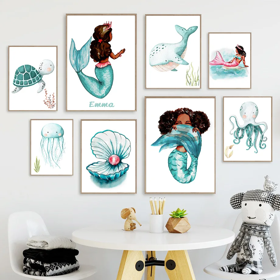 

Океан, Кит, ракушка, Русалка, осьминог, детская настенная Картина на холсте, скандинавские плакаты и принты, настенные картины, декор для детской комнаты для девочек