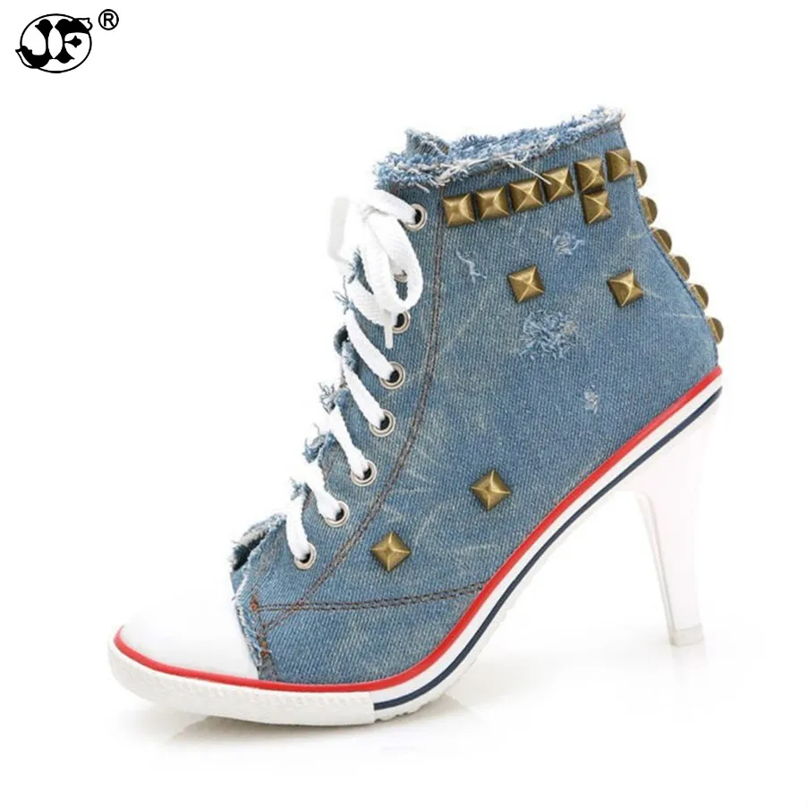 

high top canvas shoes 8.5CM heels High-heeled casual shoes woman rivet shoe female lace up Demin shoes chaussure femme889