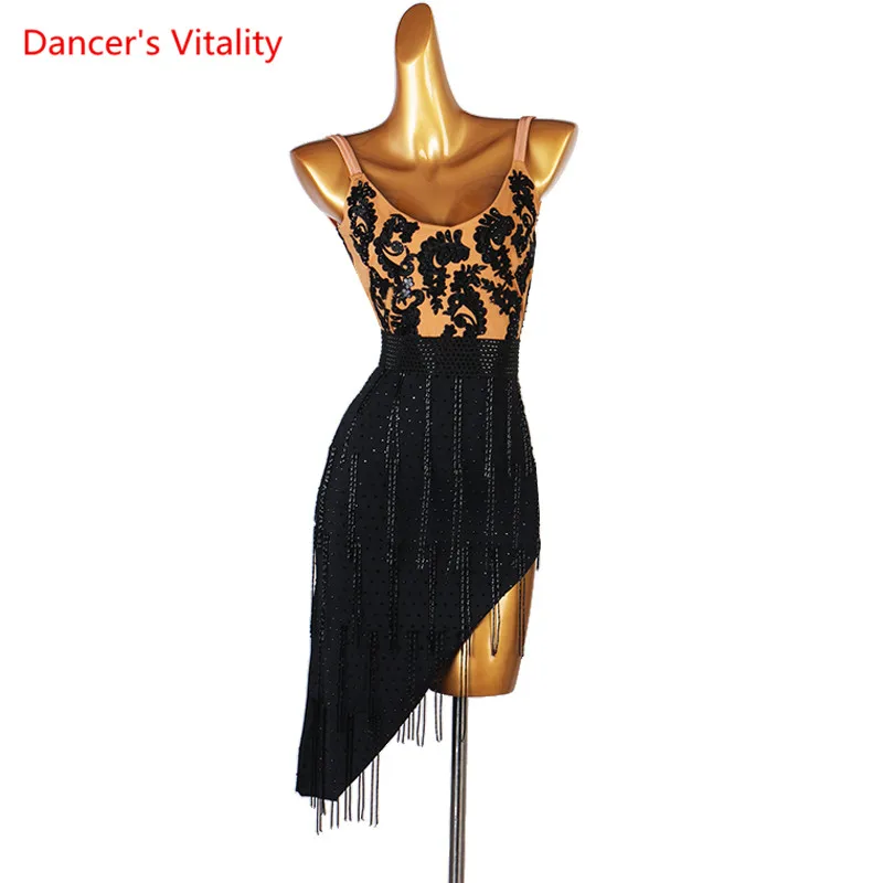 

Latin Dance Dress AB stones V-Neck Skirt Performance Clothes Profession Custom Rumba Female Adult Child Competition Clothing