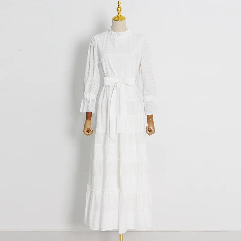 

SeeBeautiful Temperament Embroidered Stand Collar Long Sleeve Lace Ruffles Loose Dress Women 2022 Autumn New Fashion Q785