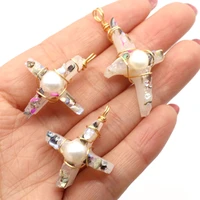 natural crystal inlaid freshwater pearl cross shape pendant 25x50mm for diy pearl charm jewelry necklace earring accessories