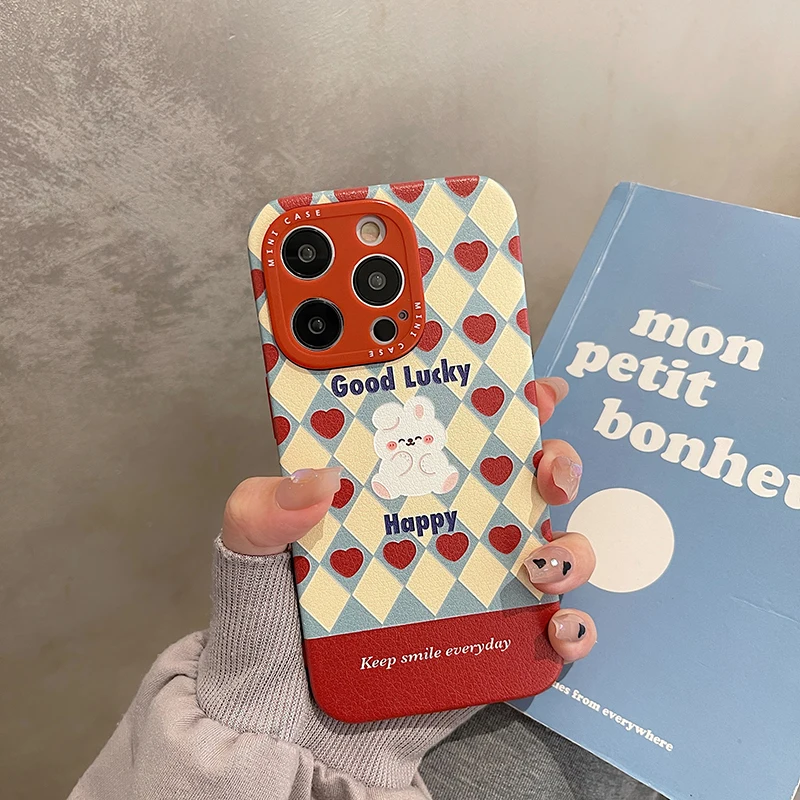 

Good Lucky Happy Bunny PU Leather Case For iPhone 14 Pro Max 13 11 12 XS XR X 14 Plus Cartoon Soft Shockproof Phone Cover