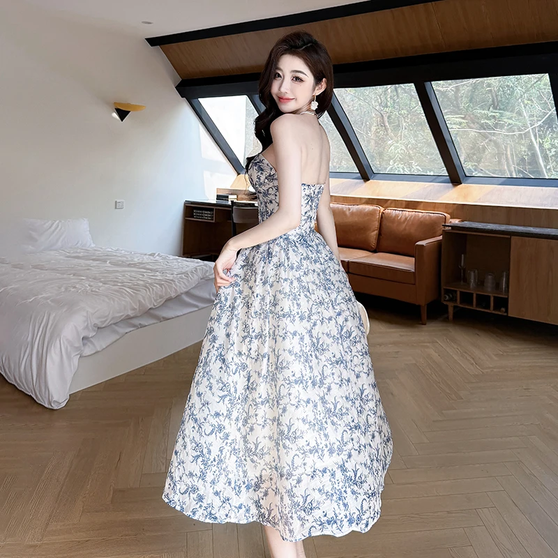 Coigarsam женское длинное платье с цветочным принтом без бретелек высокой талией