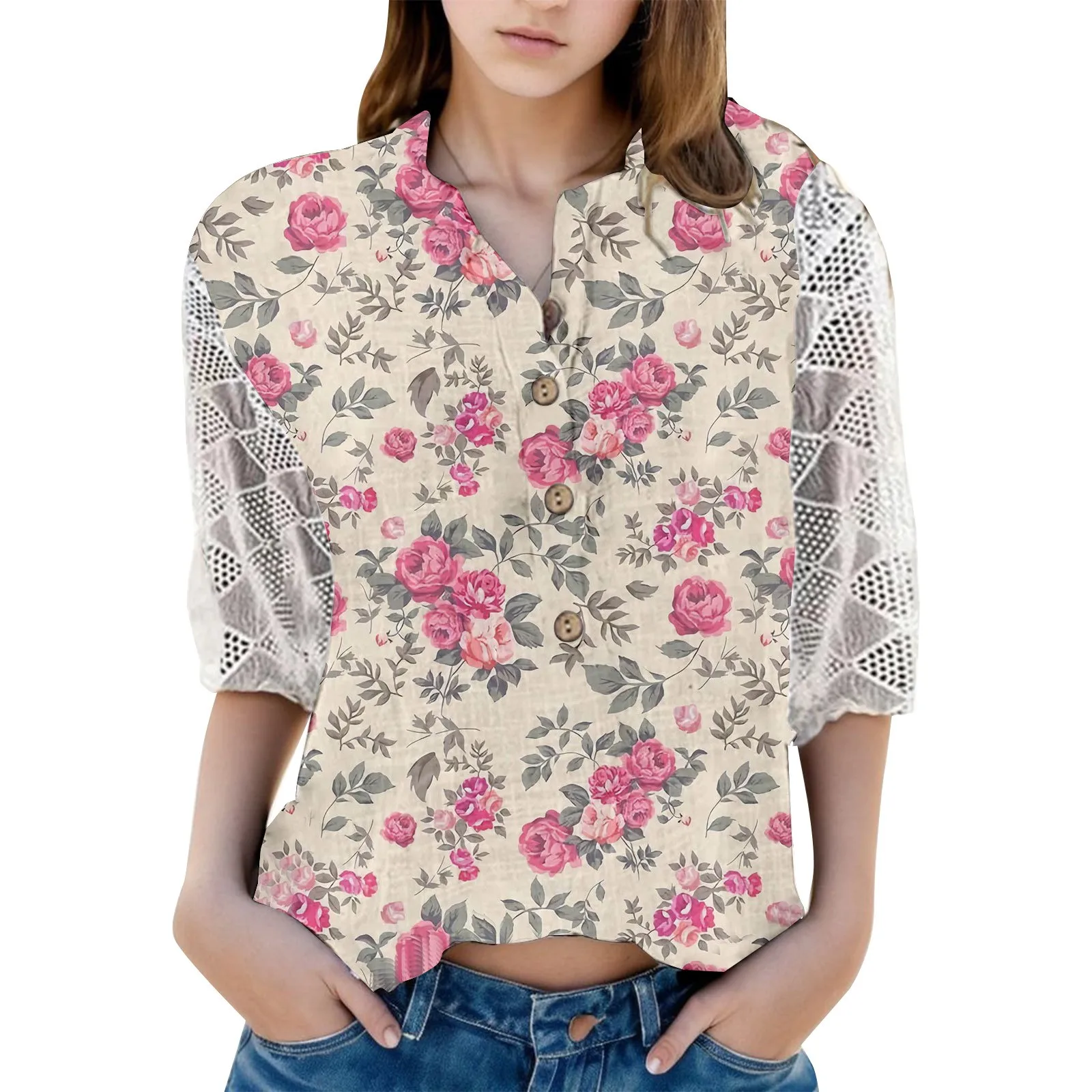 

Women'S Artistic Floral Print Shirts Retro V Neck Buttoned Pullover Mid Length Long Lace Sleeve Elegant Blusas For Ladies Autumn