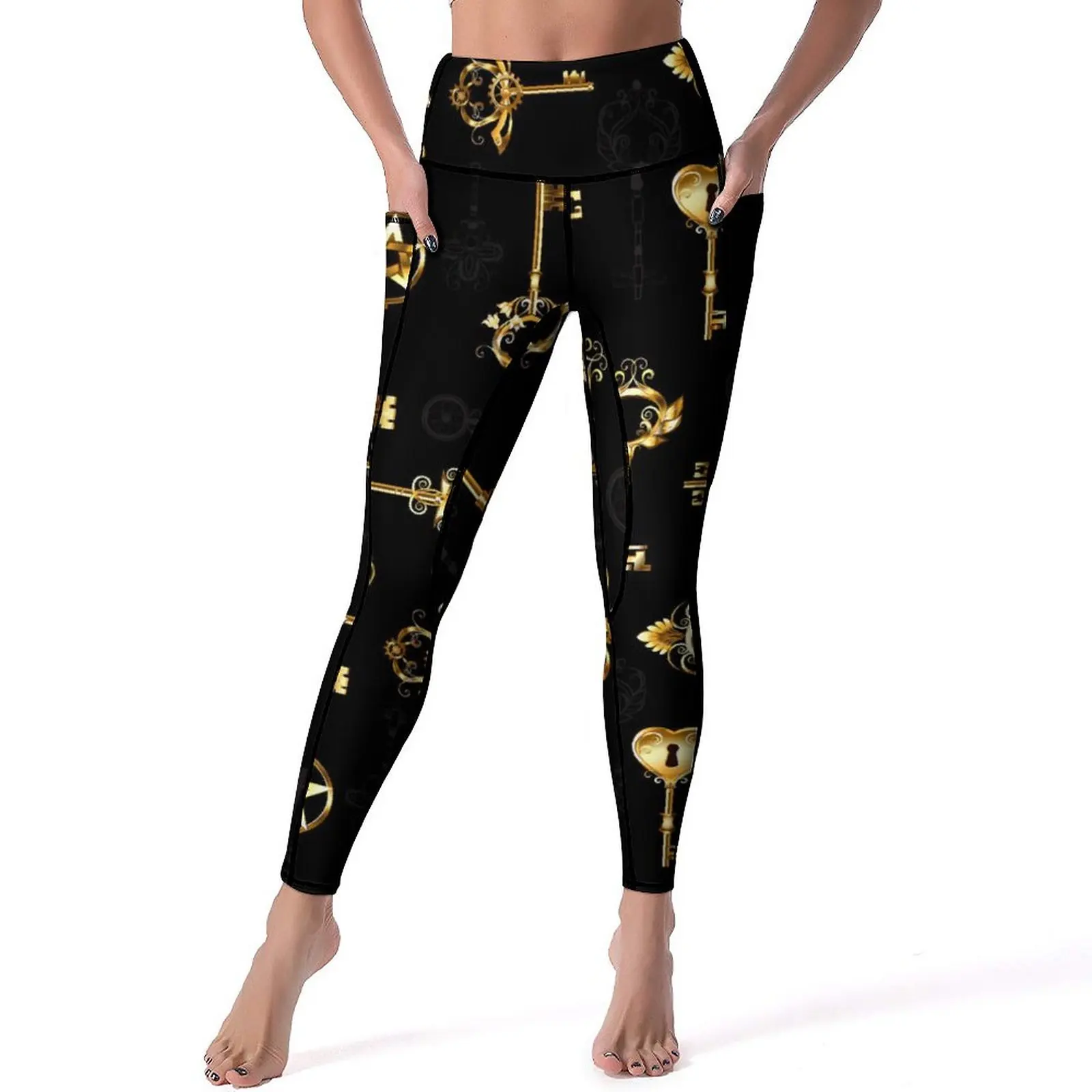 

Steampunk Style Leggings Golden Keys Push Up Yoga Pants Sweet Stretch Yoga Legging Women Graphic Gym Sports Tights
