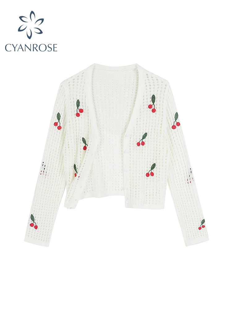

2022 Summer Women Long Sleeve Knitted Sweaters Korean Vintage Lovely Pink White Cherry Embroidery Knitting Cardigan For Female