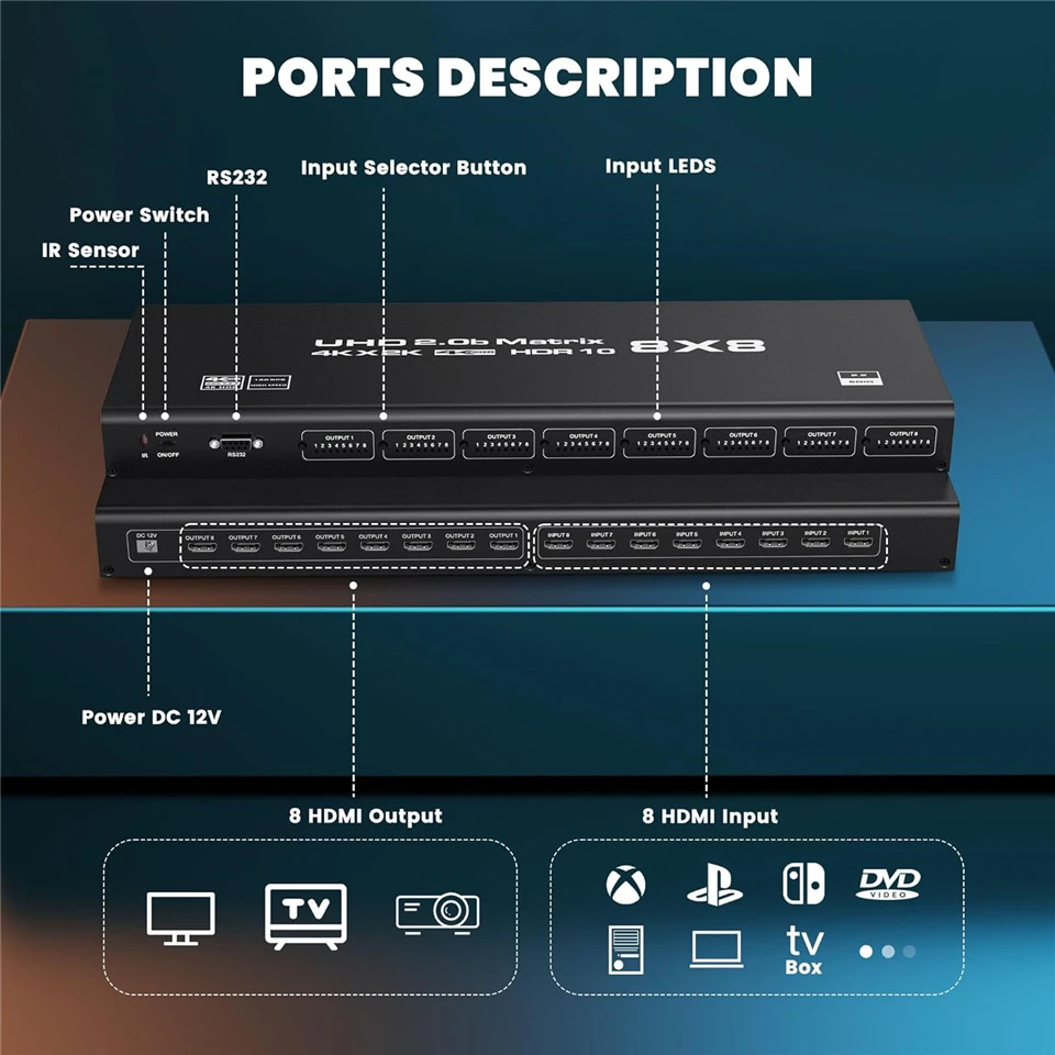 Фото Navceker 4K 60 Гц HDMI Matrix 8x8 Switcher Splitter 8 входов 8 выходов RS232 ИК-пульт дистанционного управления для мониторинга безопасности ЖК-телевизор №4