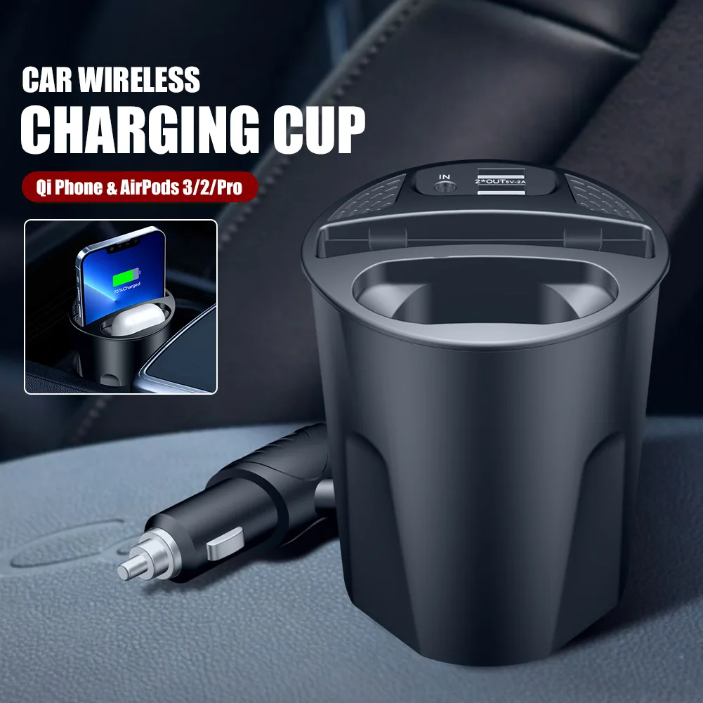 

12/24V Fast Wireless Car Charger Cup 15W 4-in-1 Charging Station with 2 USB for Samsung Xiaomi Huawei iPhone Airpods 2 3 Pro