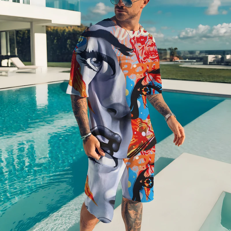 Summer T Shirt Set Men Clothing  Oversized  t-shirt   Short Sleeve 2 Piece Tracksuit  3D Bright Colors Printed Jogging Pant Sets