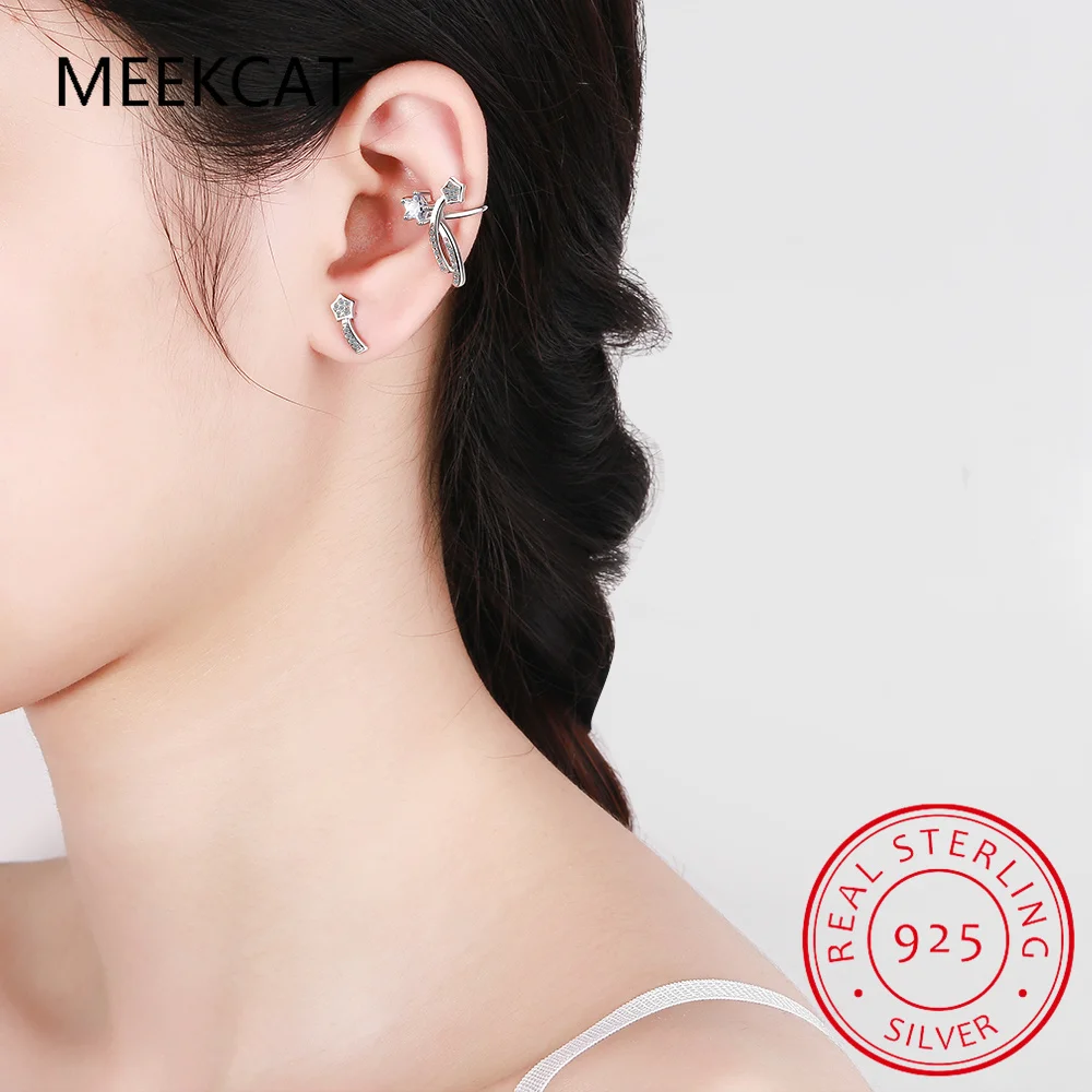 Real 925 Sterling Silver Sweet Asymmetric Star Shine CZ Stud Earring Boucle d'oreille For Women Wedding Fine Jewelry DA3019