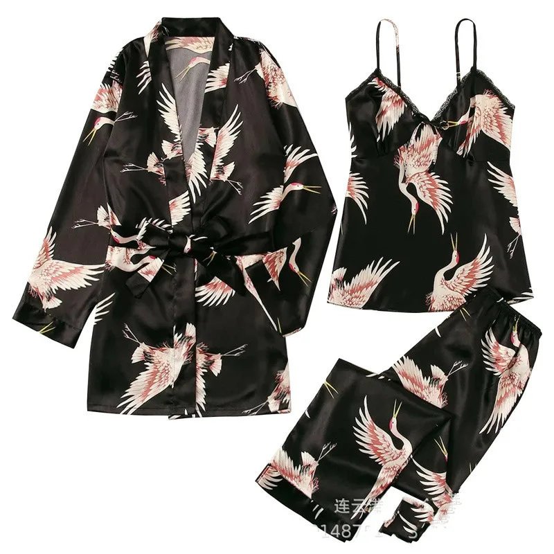 Women's Pajamas Suit Full Sleeve Belt Robe Vest Pants 3Piece/Set Sexy Cartoon Print Pyjama Cute Homewear Cozy Fashion Sleepwear