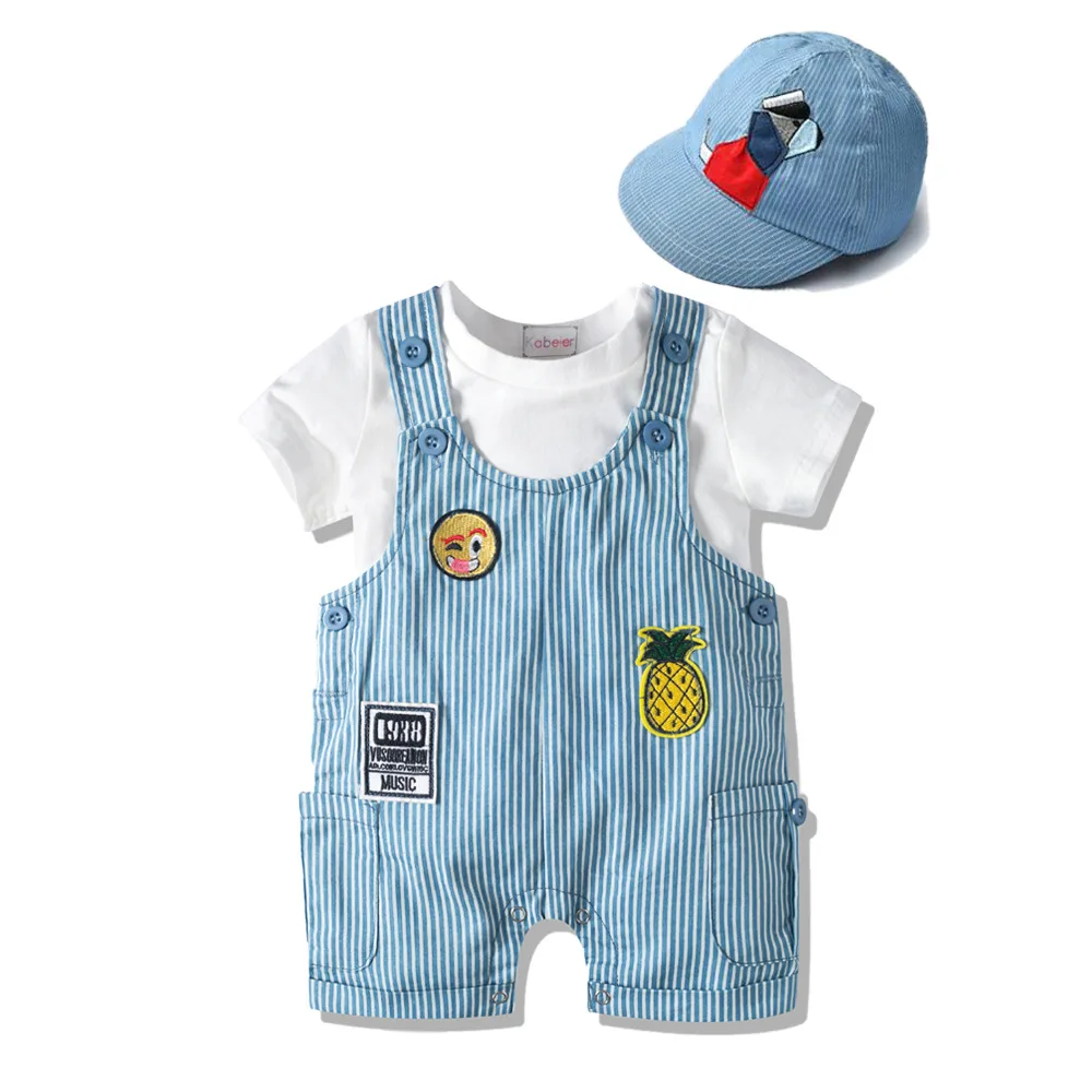 Комбинезон для новорожденных мальчиков, хлопковый комплект одежды, шапка, комбинезон, на бретелях, синий, на лето 3, 6, 9, 12 месяцев