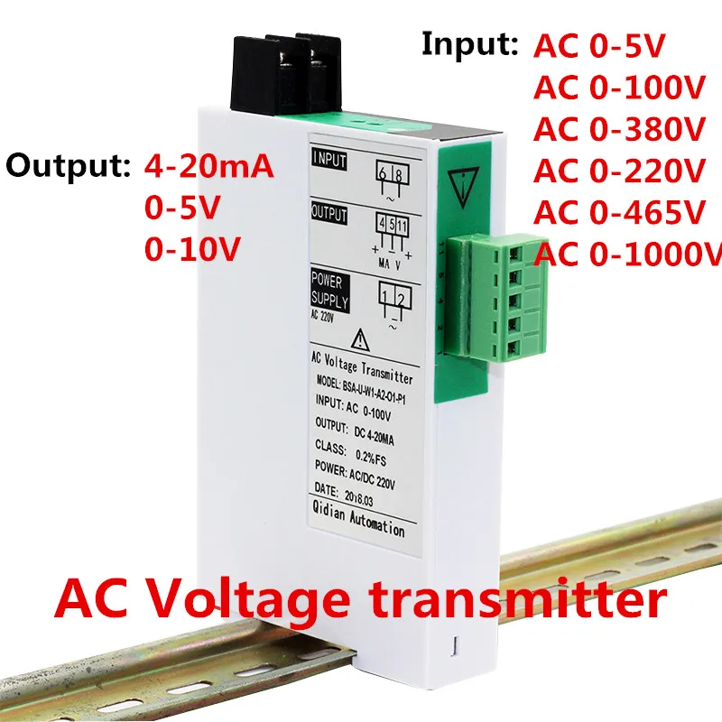 

AC Voltage Transmitter 5V/10V/50V/100V/200V/500V/1000V Transducer 4-20mA 5V 10V Output DC24V Power Supply Voltage Sensor