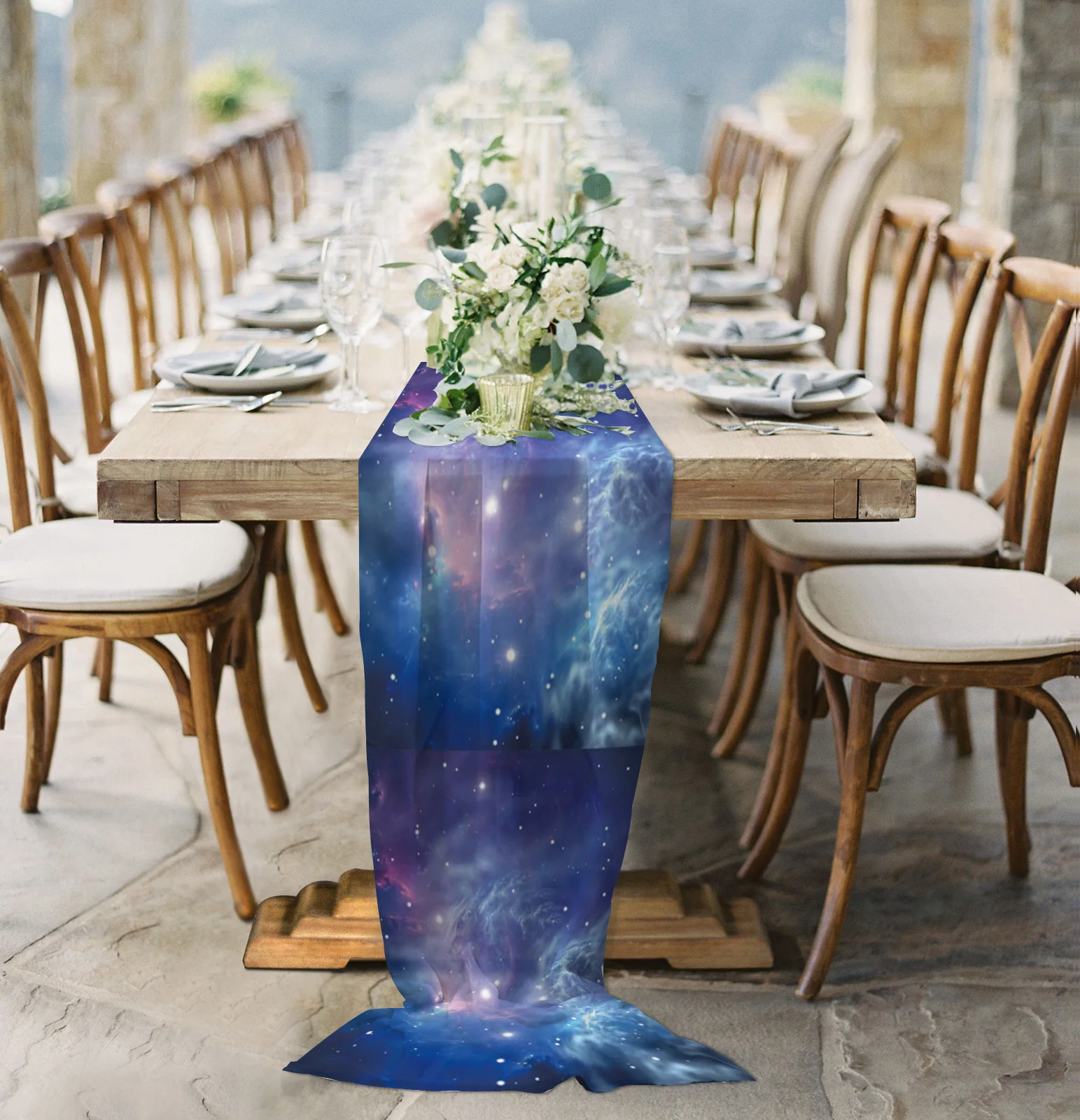 

Artistic Milky Way Stars Starry Sky Chiffon Table Runner for Wedding Celebration Banquet Festival Party Backdrop Decor