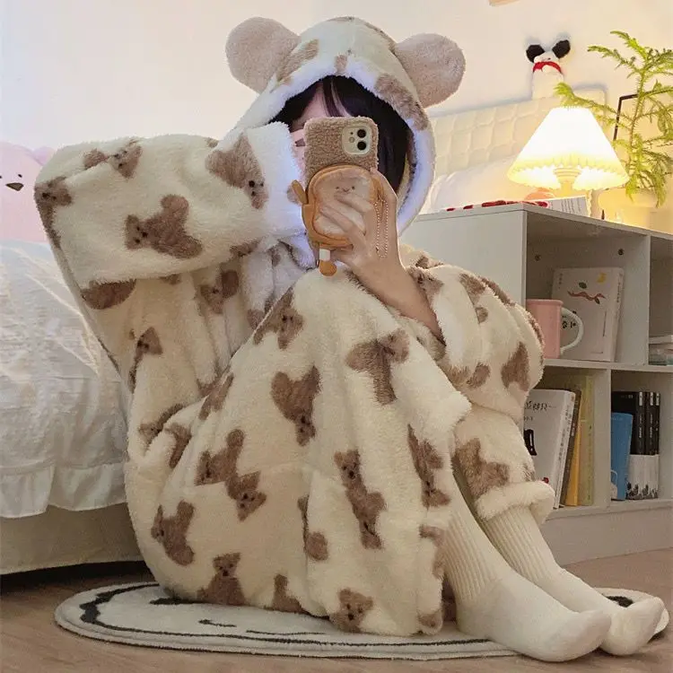 Yasuk Winter Women's Men Casual Warm Soft Sleepwear Hooded Gown Pajamass Velvet Fleecel Robes Many Bear Couple Unisex