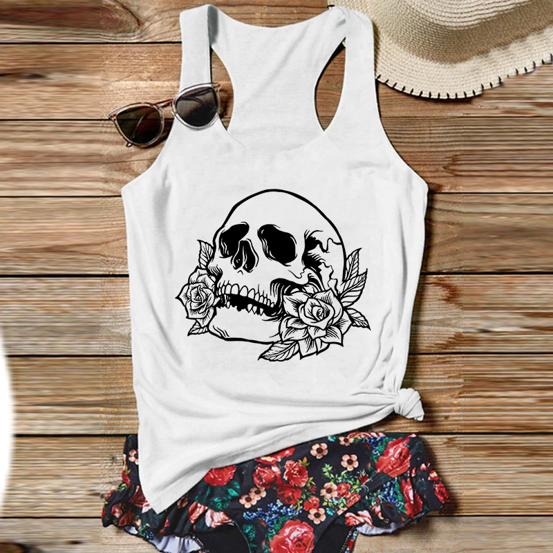 

Skull with Roses Floral Tank Top Women Vintage Graphic Skull Roses Womens Clothing Floral Tshirt Graphic Tops Sexy